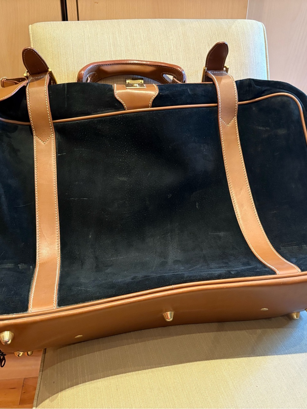 Gucci Black Suede and Brown Leather Duffel Bag Vintage Preowned